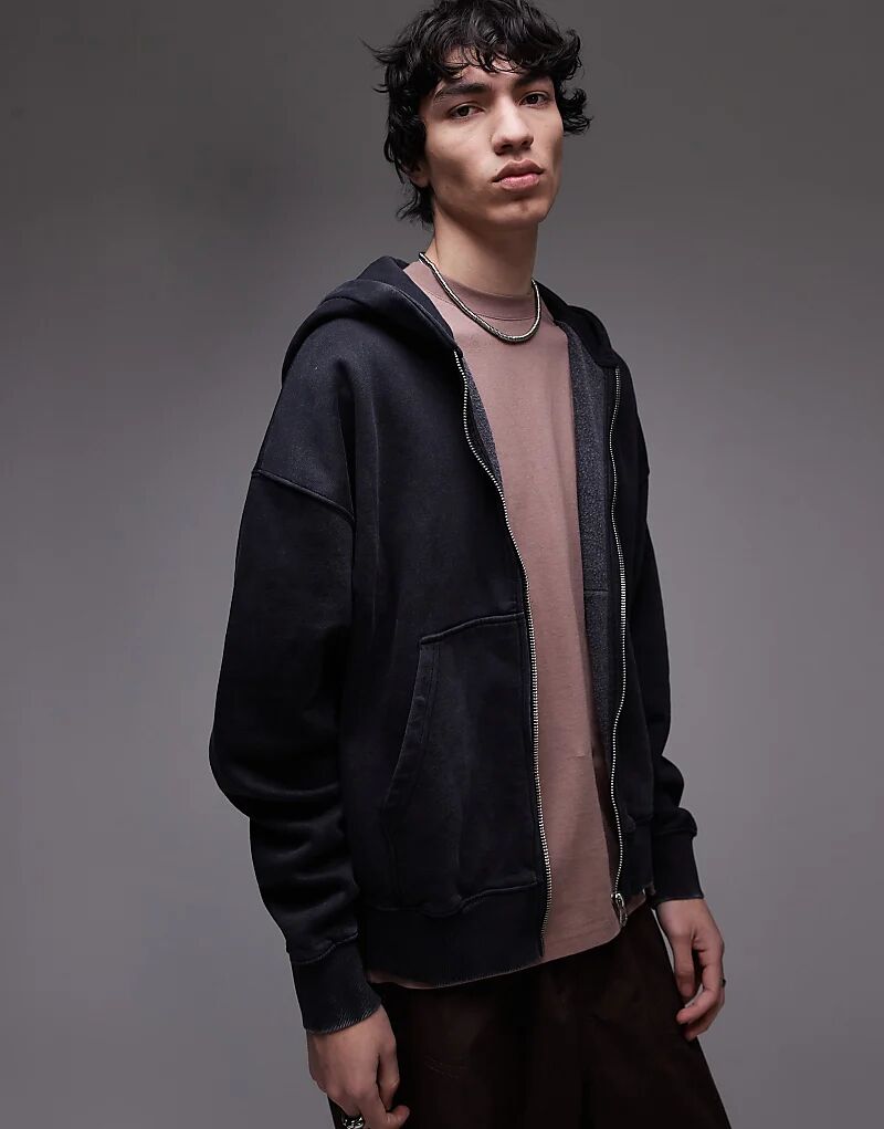 

Толстовка Topman премиум-класса с толстовкой на молнии свободного кроя с кислотной стиркой, черного цвета