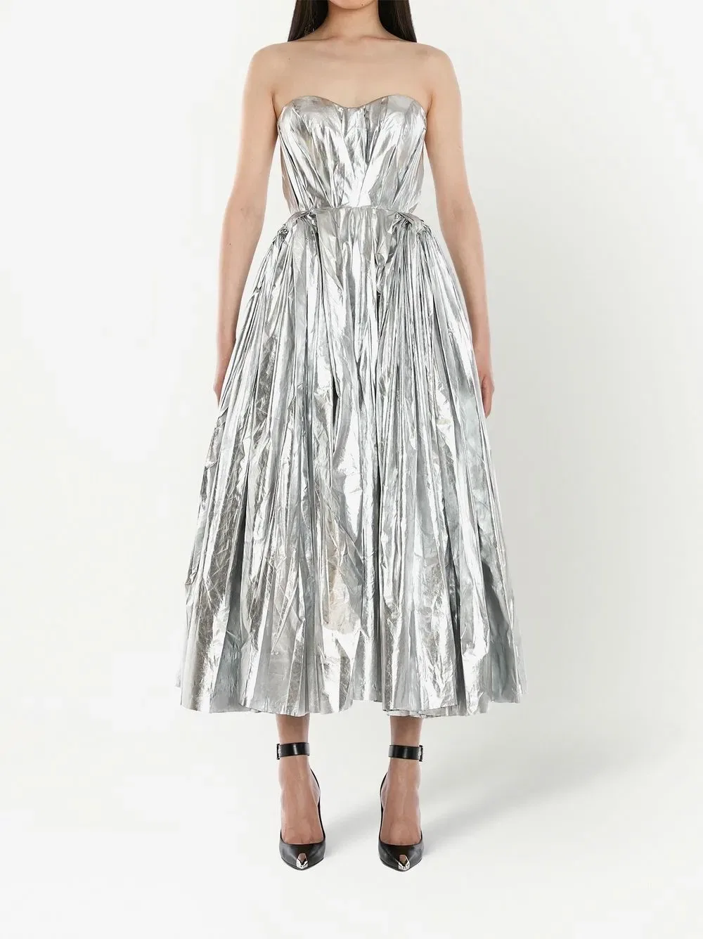 Платье-Миди с металлизированной отделкой и бюстье Alexander Mcqueen, серебро — фото 2