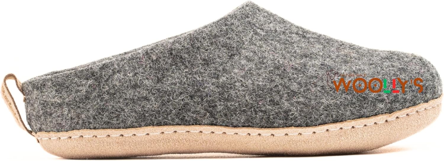 

Домашние тапочки с открытой пяткой Woolly и кожаной подошвой, Премиальная новозеландская шерсть, Ручная работа с итальянским дизайном, Мягкие, дышащие и не имеющие запаха Woolly'S, серый/угольный