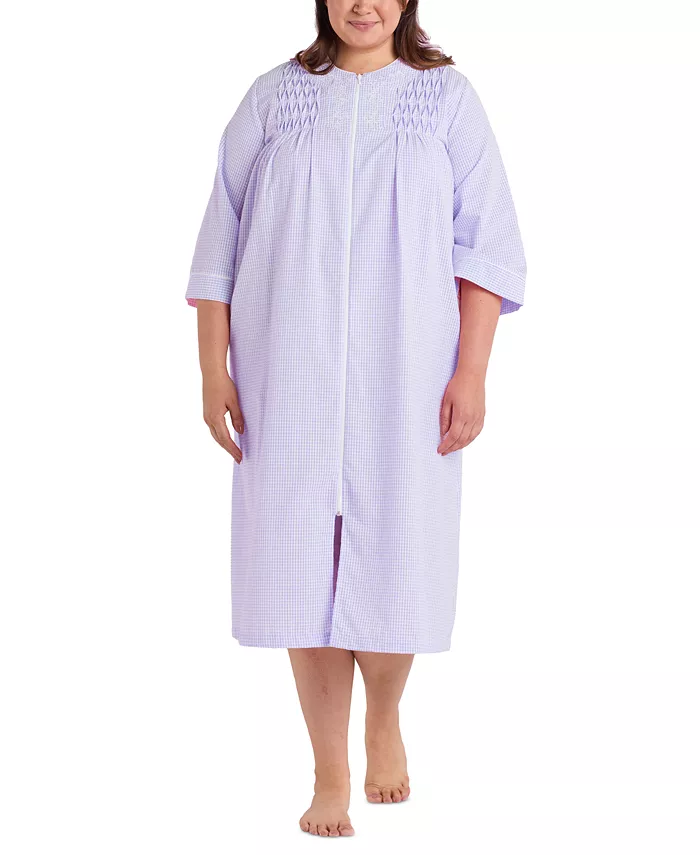

Плюс сайз халат из пике с застежкой-молнией спереди и рукавом 3/4, Plus Size 3/4-Sleeve Zip-Front Seersucker Robe Miss Elaine, фиолетовый