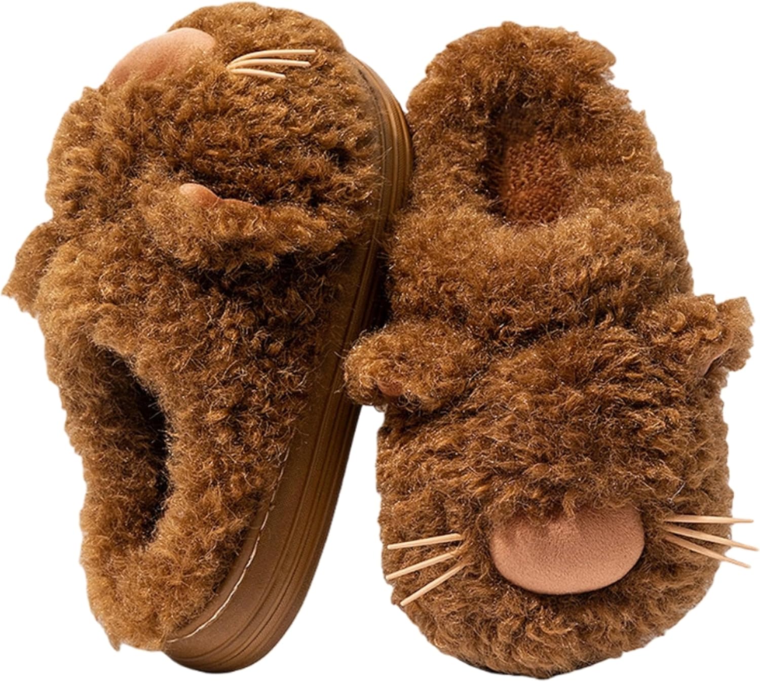 

Мягкие домашние тапочки в виде кошек с ушками и усами, плюшевые, нескользящие, теплые, для мужчин и женщин Lichenhao, коричневый