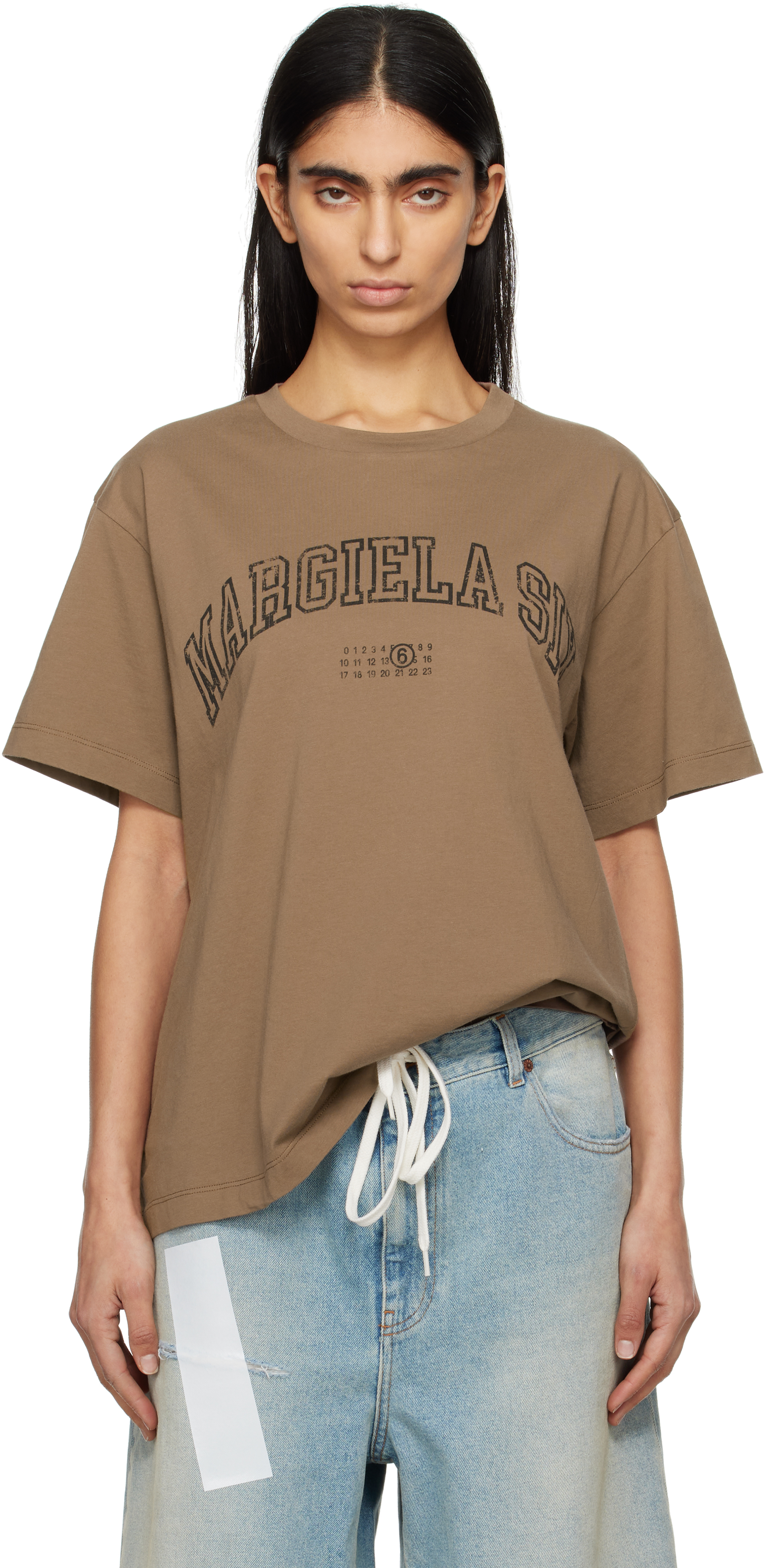 

Коричневая футболка с принтом логотипа MM6 Maison Margiela
