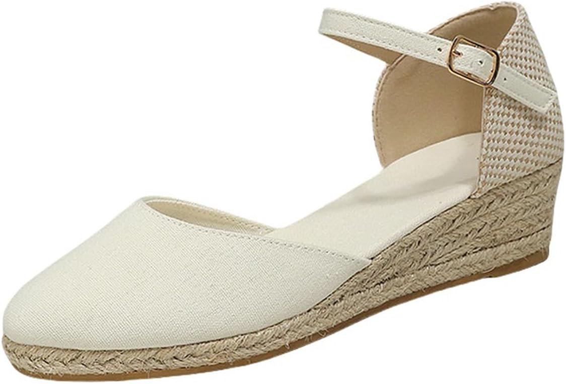 

Женские эспадрильи ZWRXW с закрытым носком, комфортные с ремешком на щиколотке, на клиновидном среднем невысоком каблуке, из холщовой ткани, элегантные летние сандалии для прогулок, белый