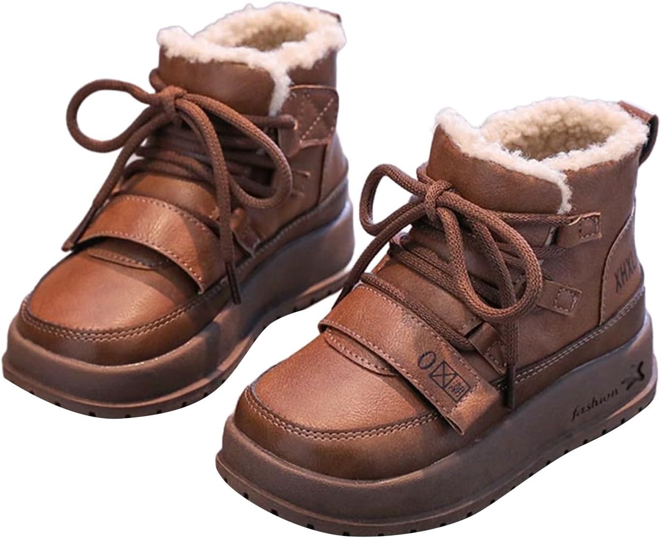 

Детские зимние ботинки для девочек с искусственным мехом, водонепроницаемые, из искусственной кожи PU, с шерповой подкладкой, на платформе, противоскользящие Generic, Brown