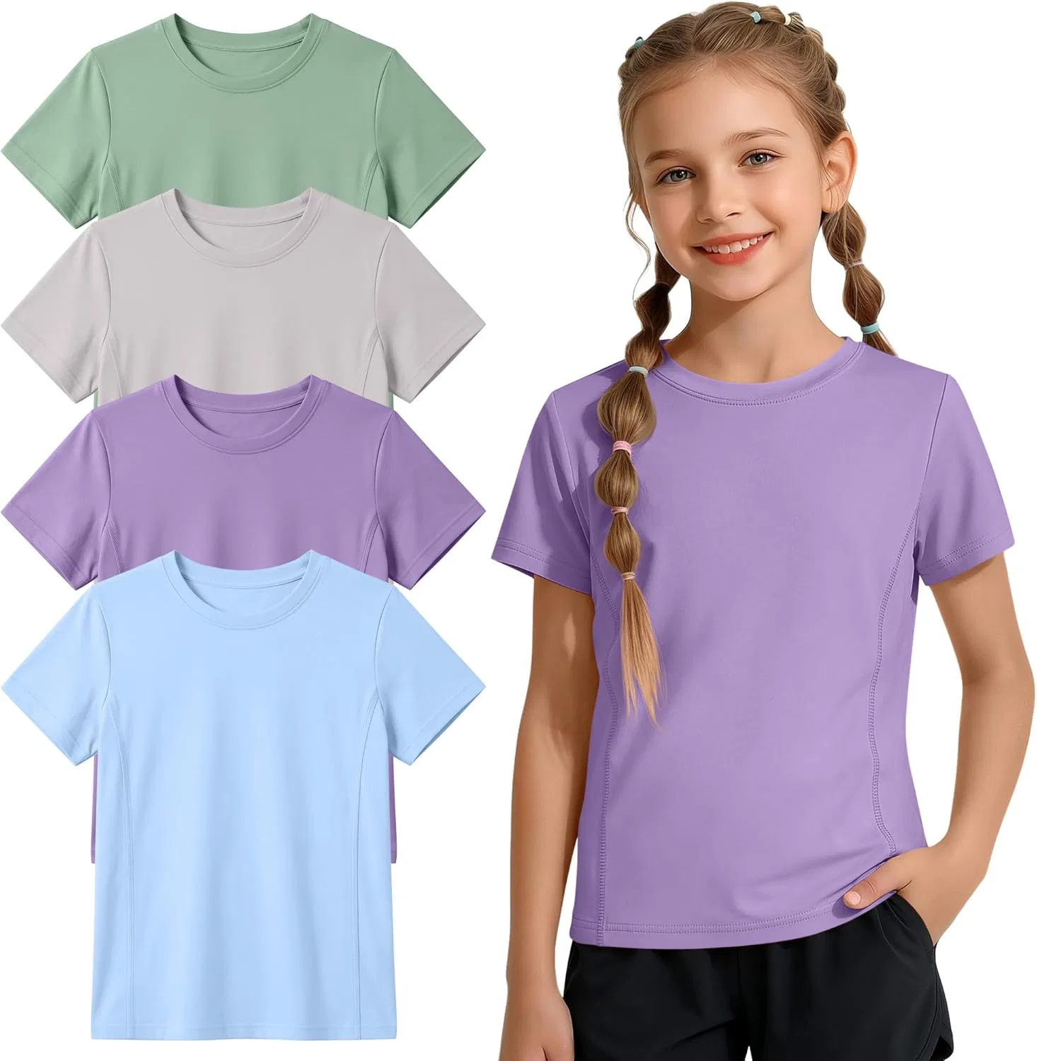 Детская спортивная футболка с коротким рукавом LessonZoo, набор 4 шт, Taro Purple, Light Blue, Light Gray, Mint Green