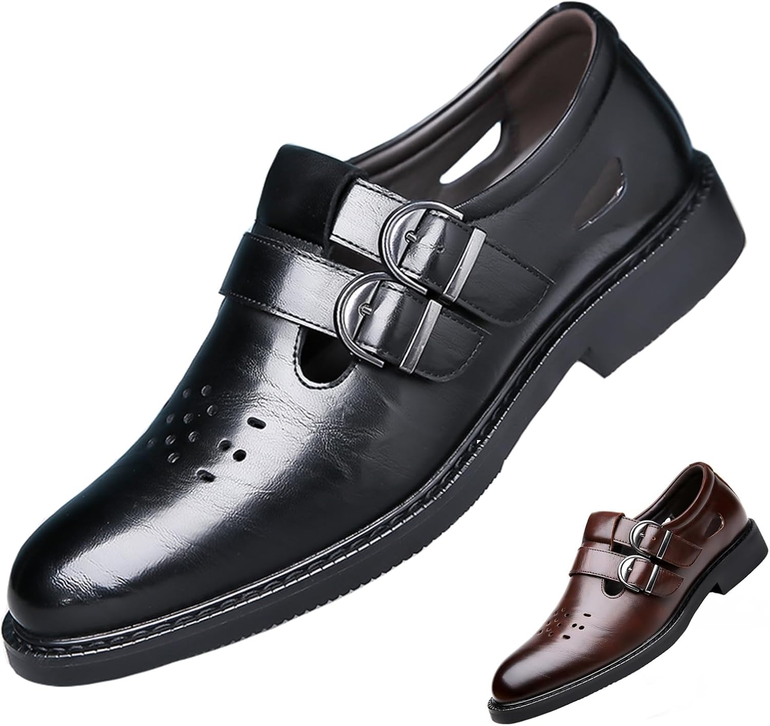 

Мужские кожаные перфорированные оксфорды-лоферы с двойной пряжкой, модные, с закрытым носком, низкие, на шнуровке, летние, дышащие, деловые формальные дерби Zeberfi, черный