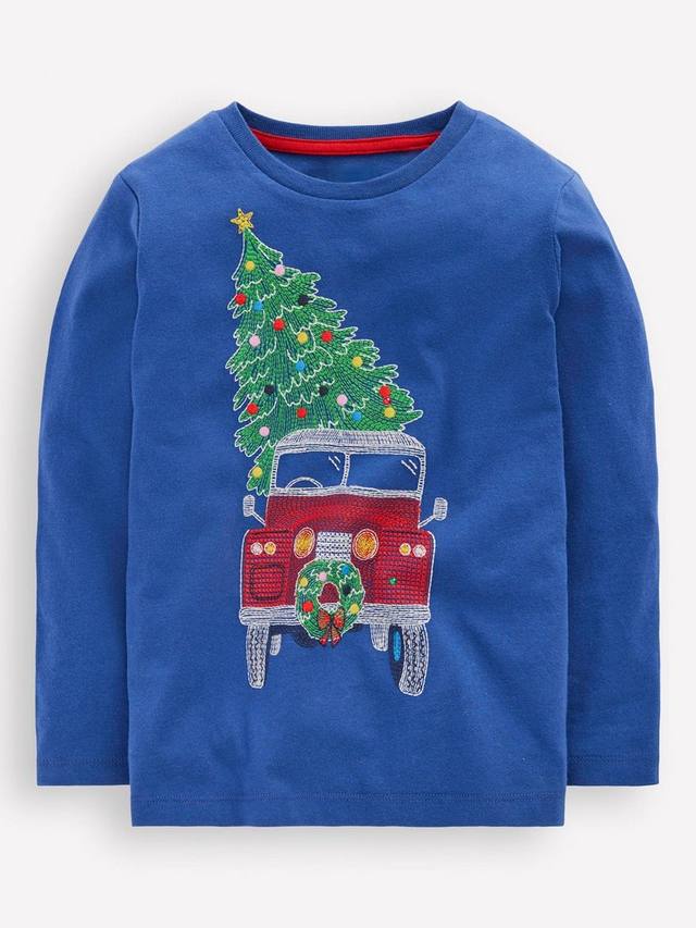

Детская хлопковая футболка Superstitch, светящаяся в темноте Mini Boden, Blue Christmas Car
