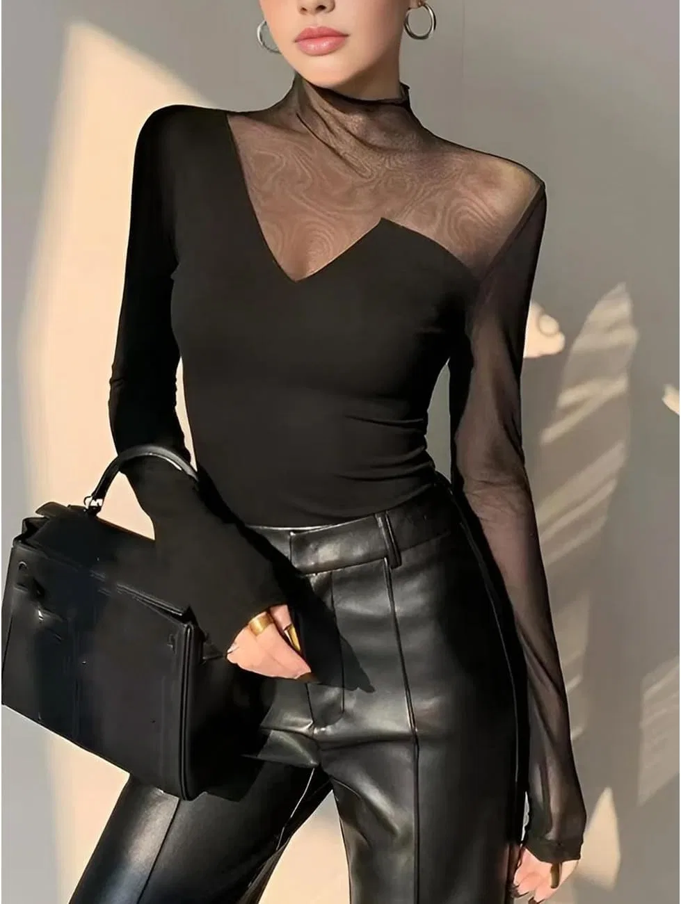 Блуза из тюля с эффектом прозрачности, женская, Casual, черный — фото 2