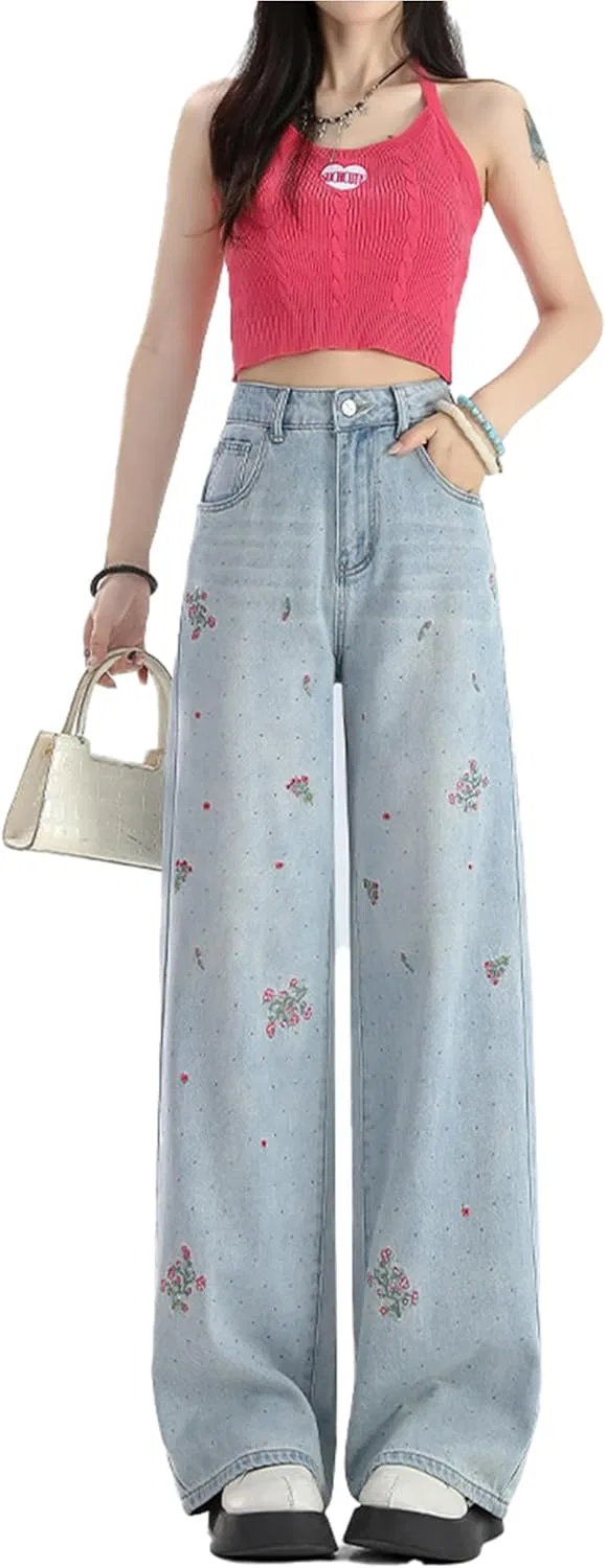 Джинсы с цветочной вышивкой, Womens Floral Embroidered, Extended