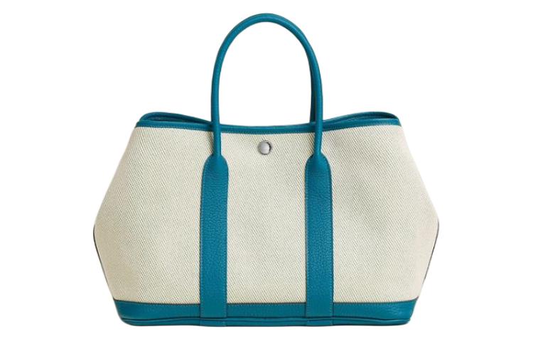 

HERMES Сумка садовая женская из холста и кожи синяя и бежевая