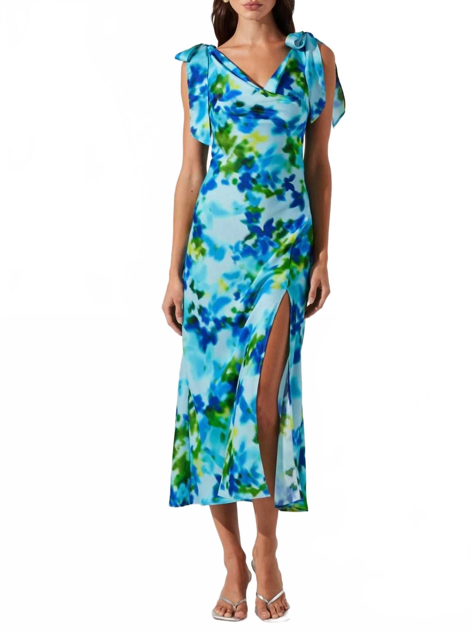 

Алексина атласное платье миди с капюшоном в водяном синем принте ASTR