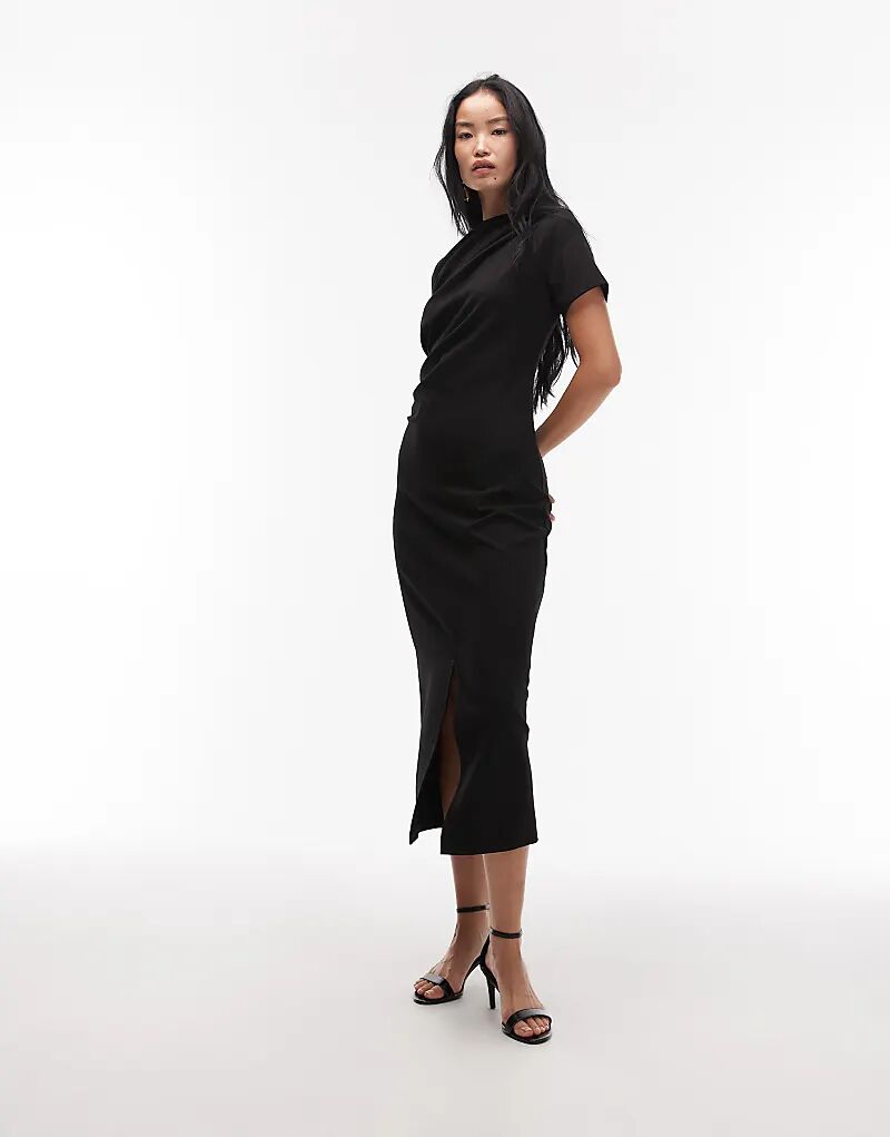 

& Other Stories Платье мидакси с короткими рукавами, драпировкой и разрезом спереди, черное