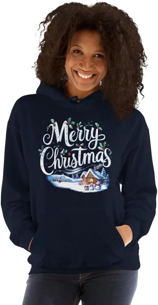 Толстовка Unisex Merry Christmas, футболка с 3D принтом «Зимняя сказка» Merry Christmas Holiday Wonderland Generic, темно-синий
