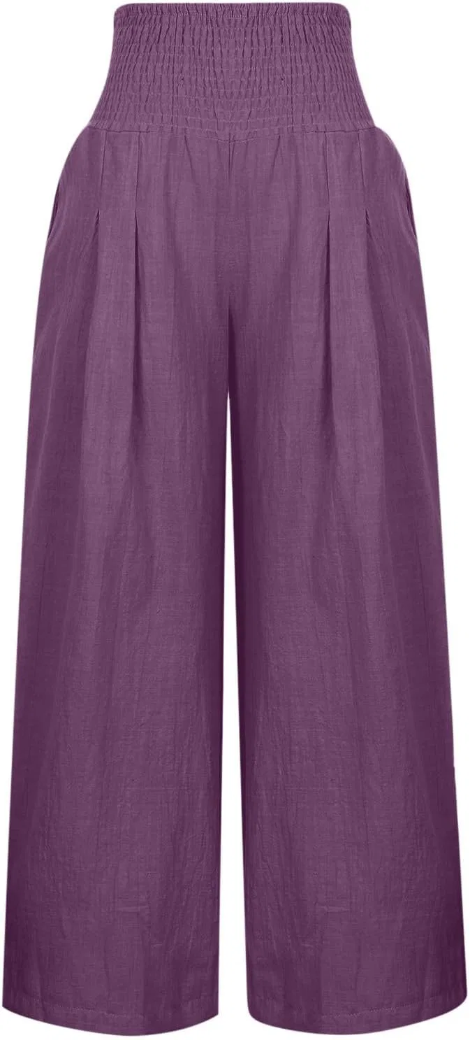 Женские брюки палаццо с завышенной талией, Cotton Linen, A04_purple — фото 4
