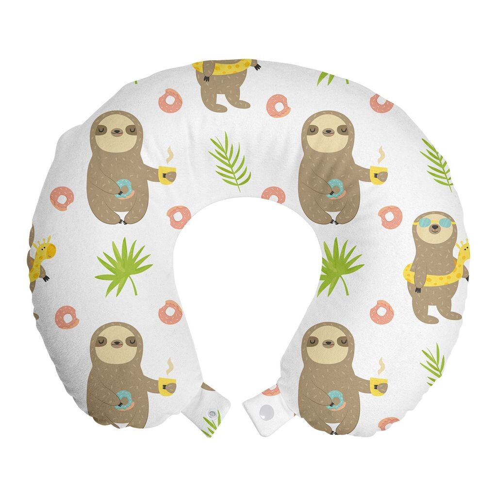 

ABAKUHAUS Sloth Travel Pillow Подушка для шеи, экзотические кактусы и животные, пенопластовые дорожные принадлежности для самолетов и автомобилей, 30x30 см, белые и разноцветные