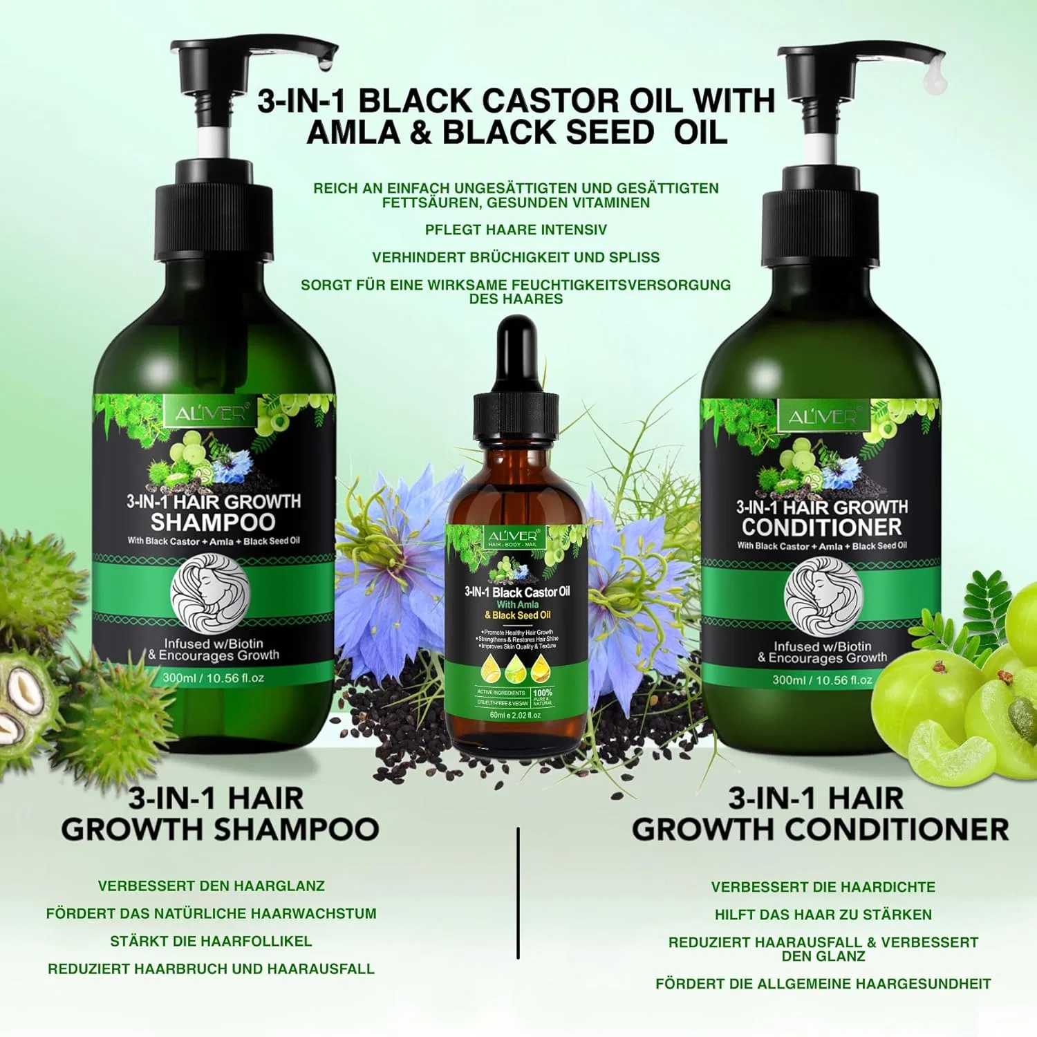 Набор для роста волос 3-в-1 от P-Beauty P-Beauty Cosmetic Accessories, 300 Ml Shampoo And 300 Ml Conditioner And 60 Ml Oil — фото 2