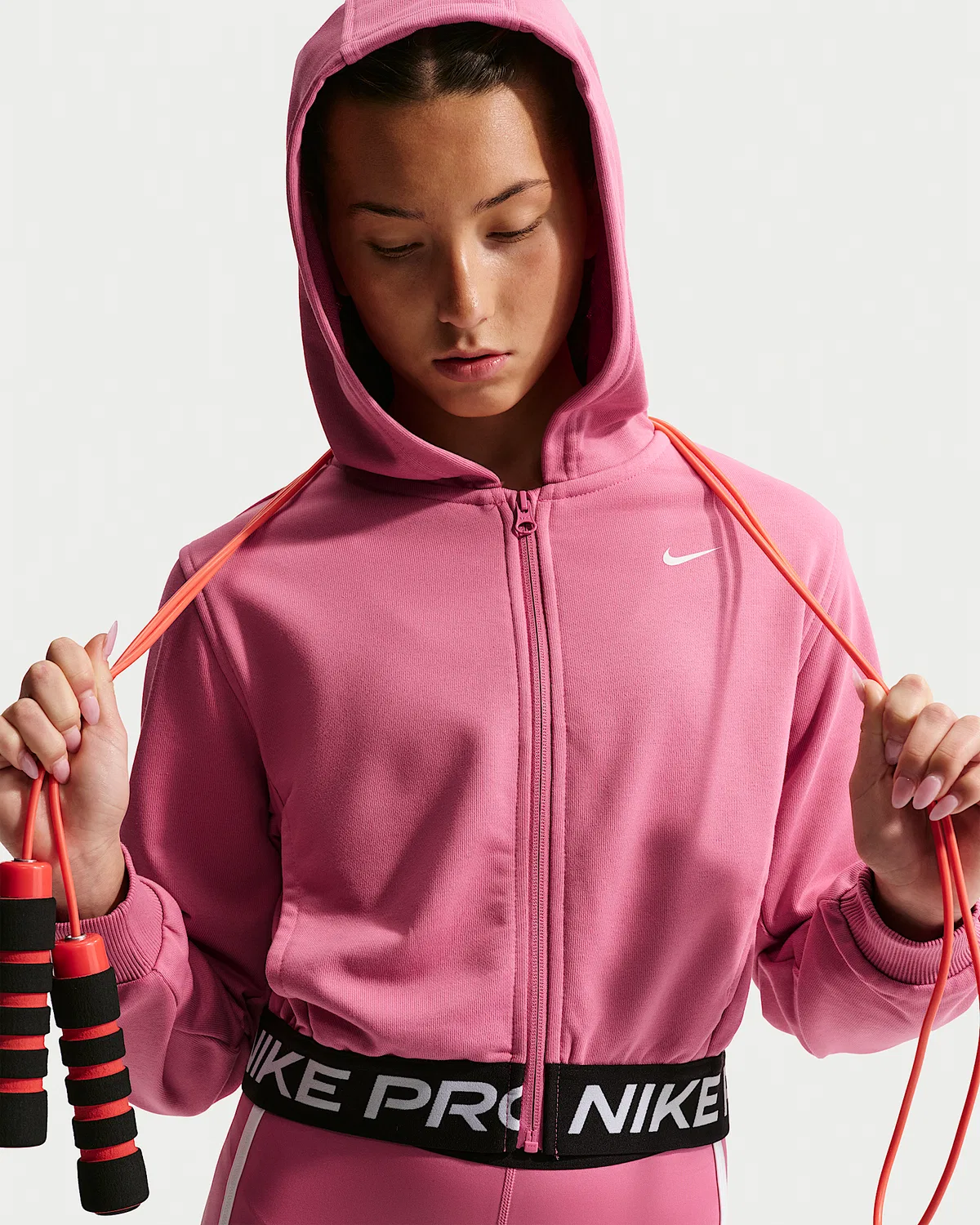 Детская (девичья) флисовая кофта Nike Pro Fleece Dri-FIT на молнии, Peony/Peony/Black/White — фото 3