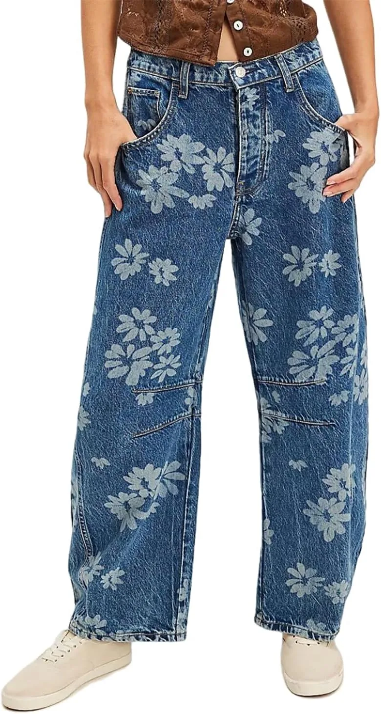 

Джинсы Floral Barrel для женщин, Stretchy, Mid Rise, Loose, Y2k, Boyfriend, Ankle Pants, Plus Size, Wide Leg Hutianyue