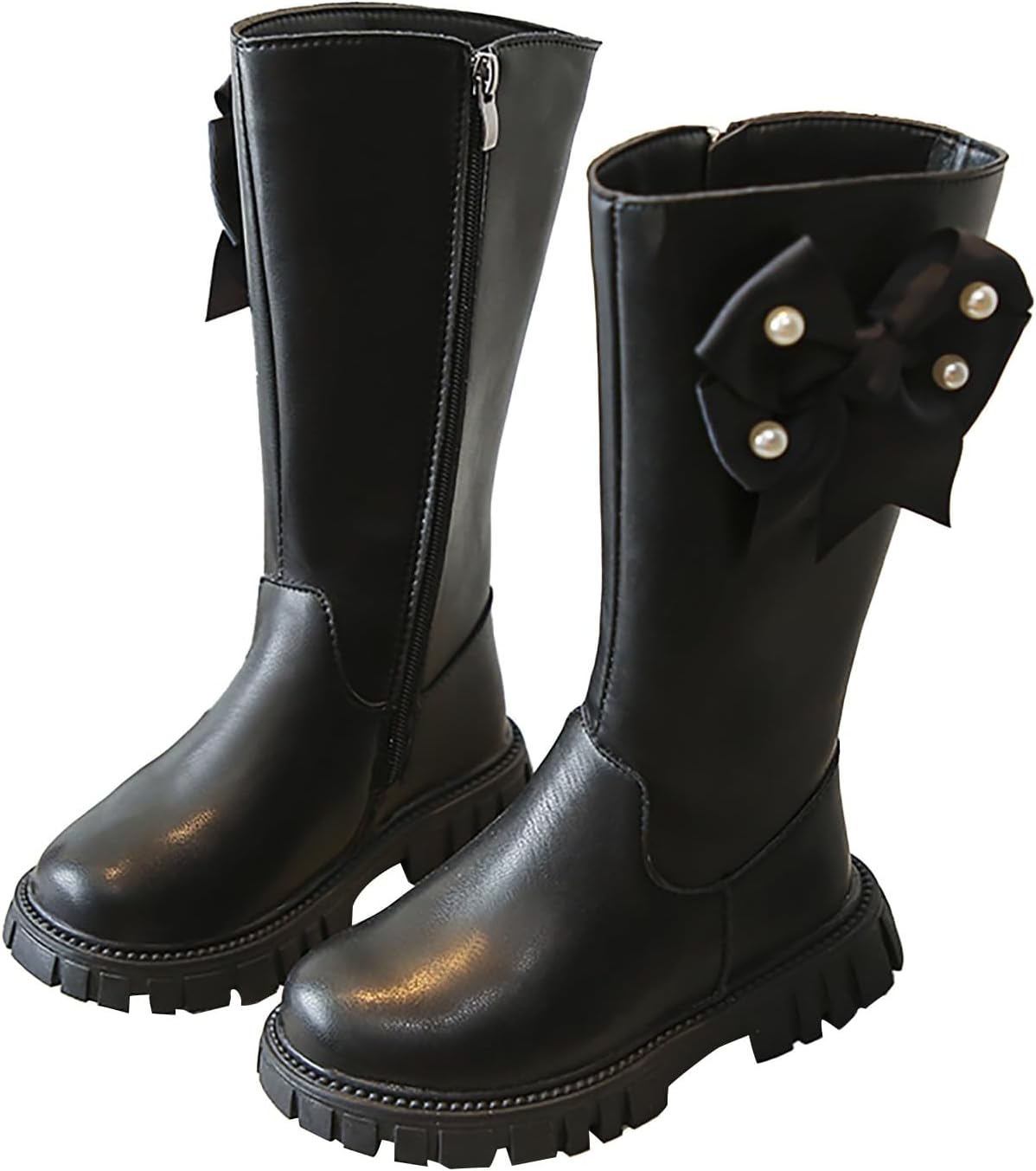 

Детские кожаные ботинки для девочек с бантом, средней длины, с боковой молнией, водонепроницаемые, для улицы, платья, танцев, нескользящие, мягкие и удобные Generic, черный