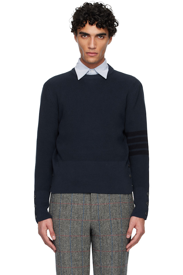 

Хлопковый кардиган, связанный 4-полосным узором Thom Browne, темно-синий