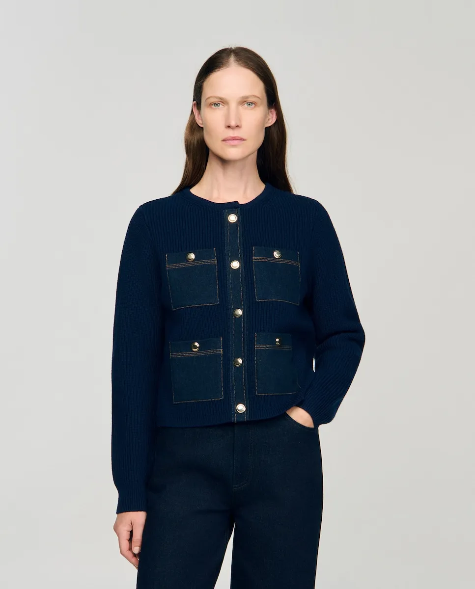 

Женский кардиган с джинсовыми деталями Sandro, темно-синий