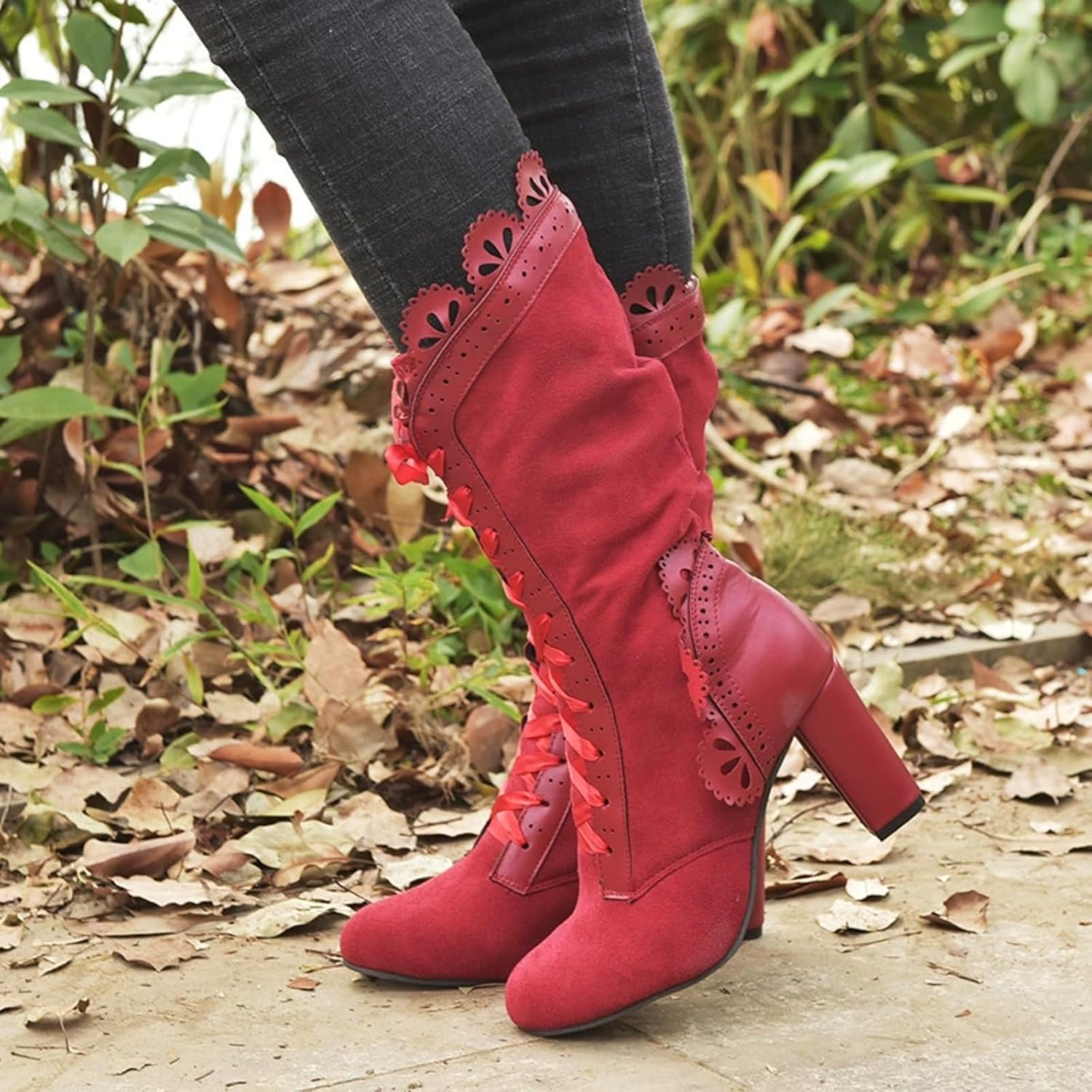 Женские викторианские ботинки винтажные с шнуровкой 70-х, с рюшами и бантом, готические ботинки, костюмные, на Хэллоуин, ведьмовские, с кубинским каблуком, до середины икры Baxtayel, красный — фото 3