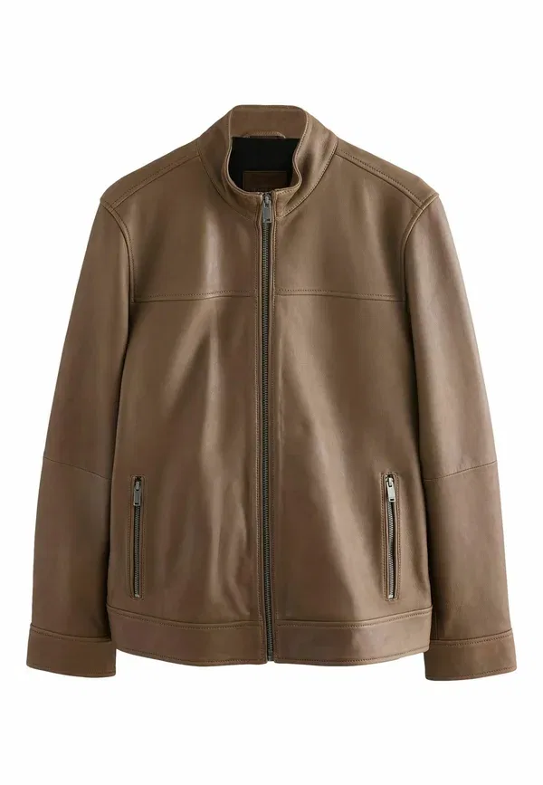 Куртка Regular fit, бренд Next, модель Signature Funnel Neck Leather Jacket, цвет коричневый нубук
