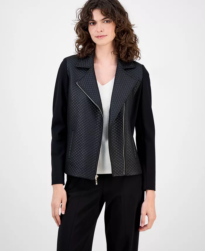 

Миниатюрная фактурная мотоциклетная куртка Anne Klein, черный