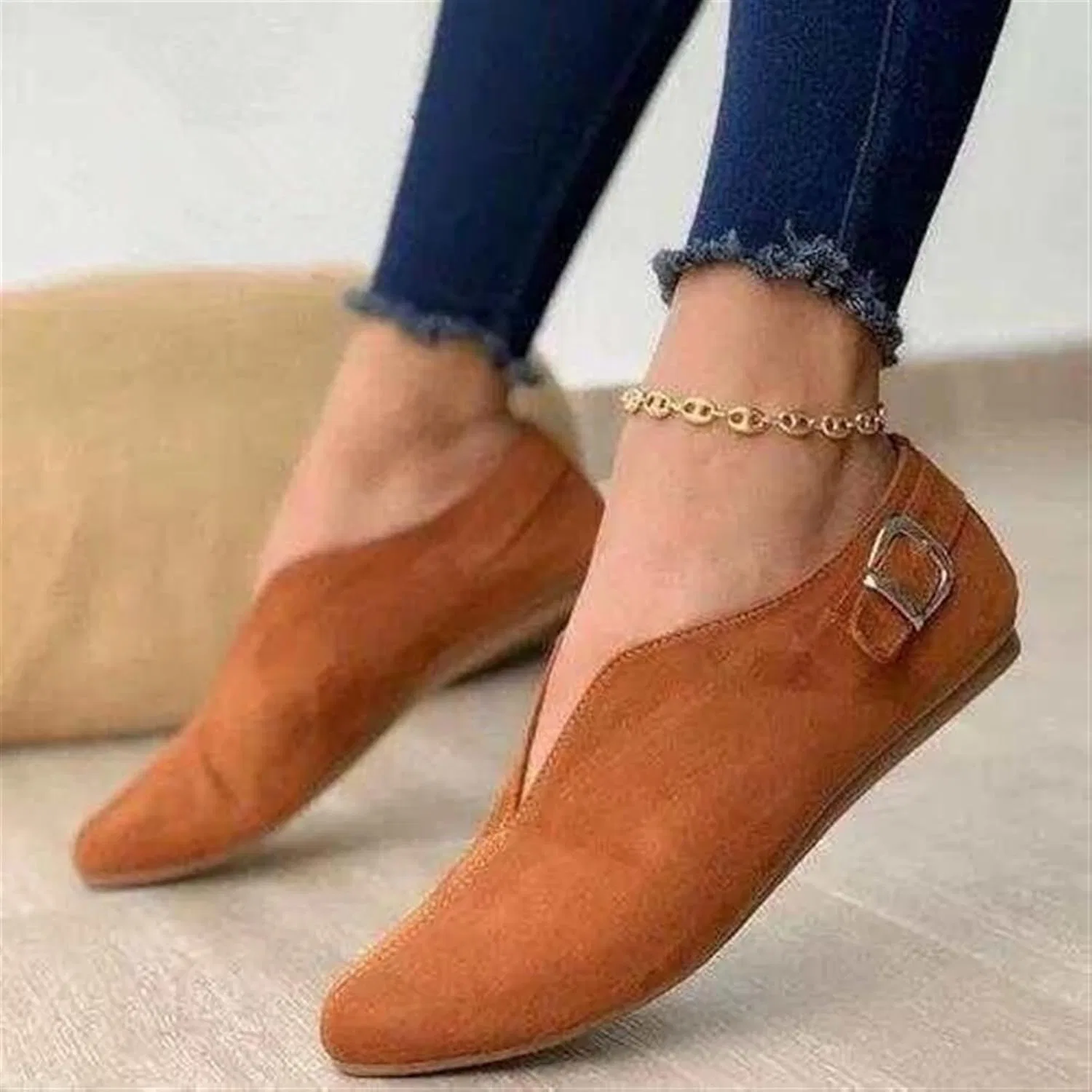 Лоферы женские замшевые на плоской подошве, Light Brown Gikleihwy — фото 3