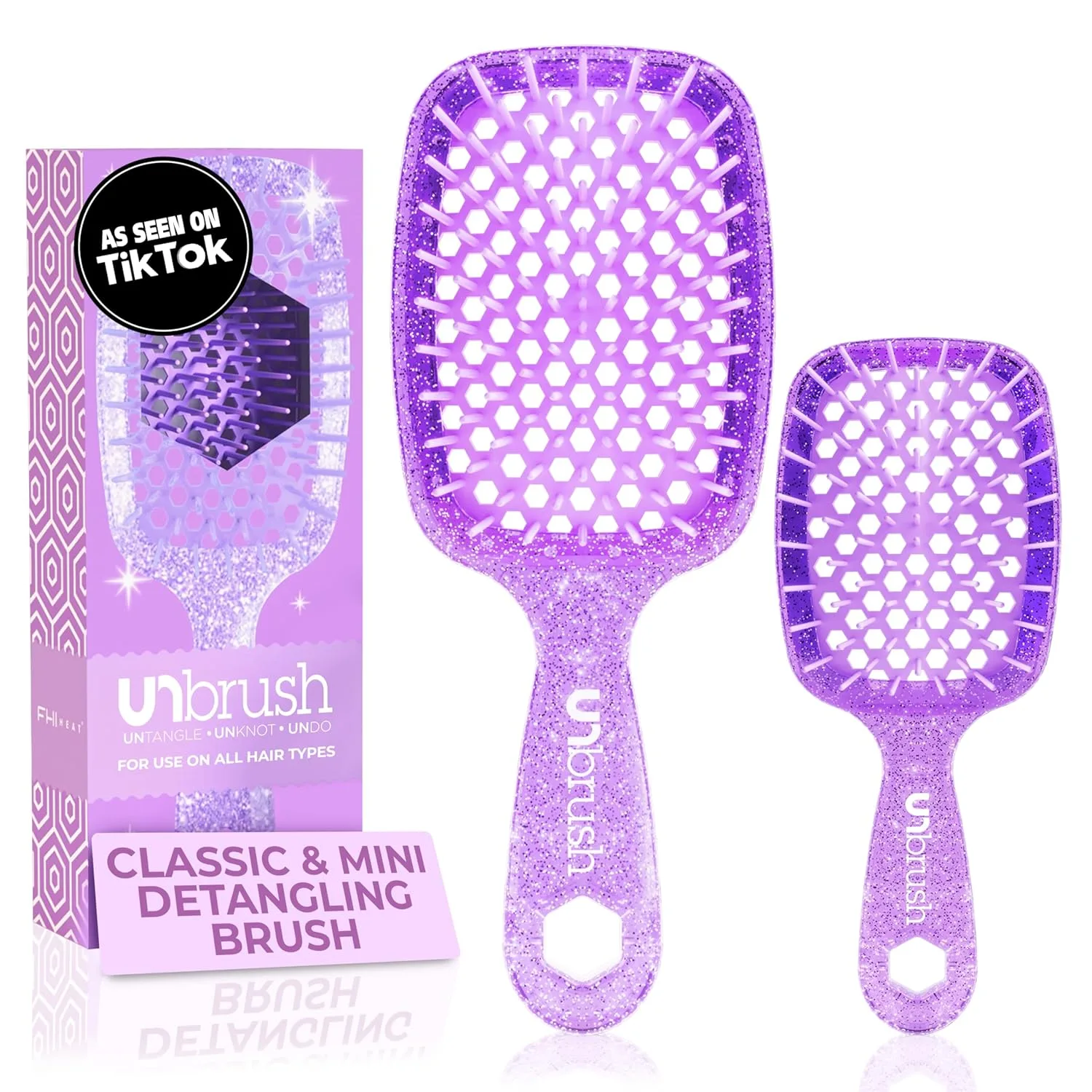 FHI Heat UNbrush Detangling Brush Combo Pack - оригинальная и мини UNbrush для всех типов волос, мокрых и сухих - DuoFlex антистатическая щетка, вентилируемая расческа для безболезненного укладки, Amethyst Lavender
