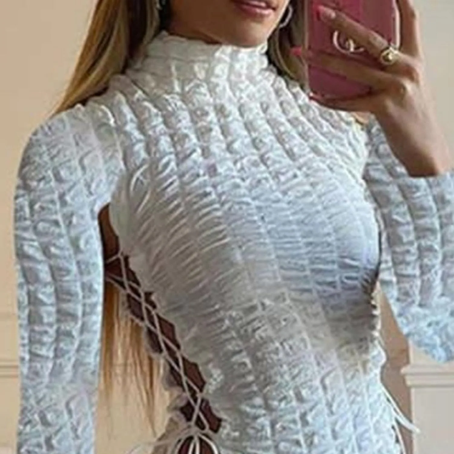Generic Женское платье с длинными рукавами из сетки, с ажурными вставками по бокам, плиссированное мини-платье-футляр, элегантное растягивающееся вечернее коктейльное платье — фото 2
