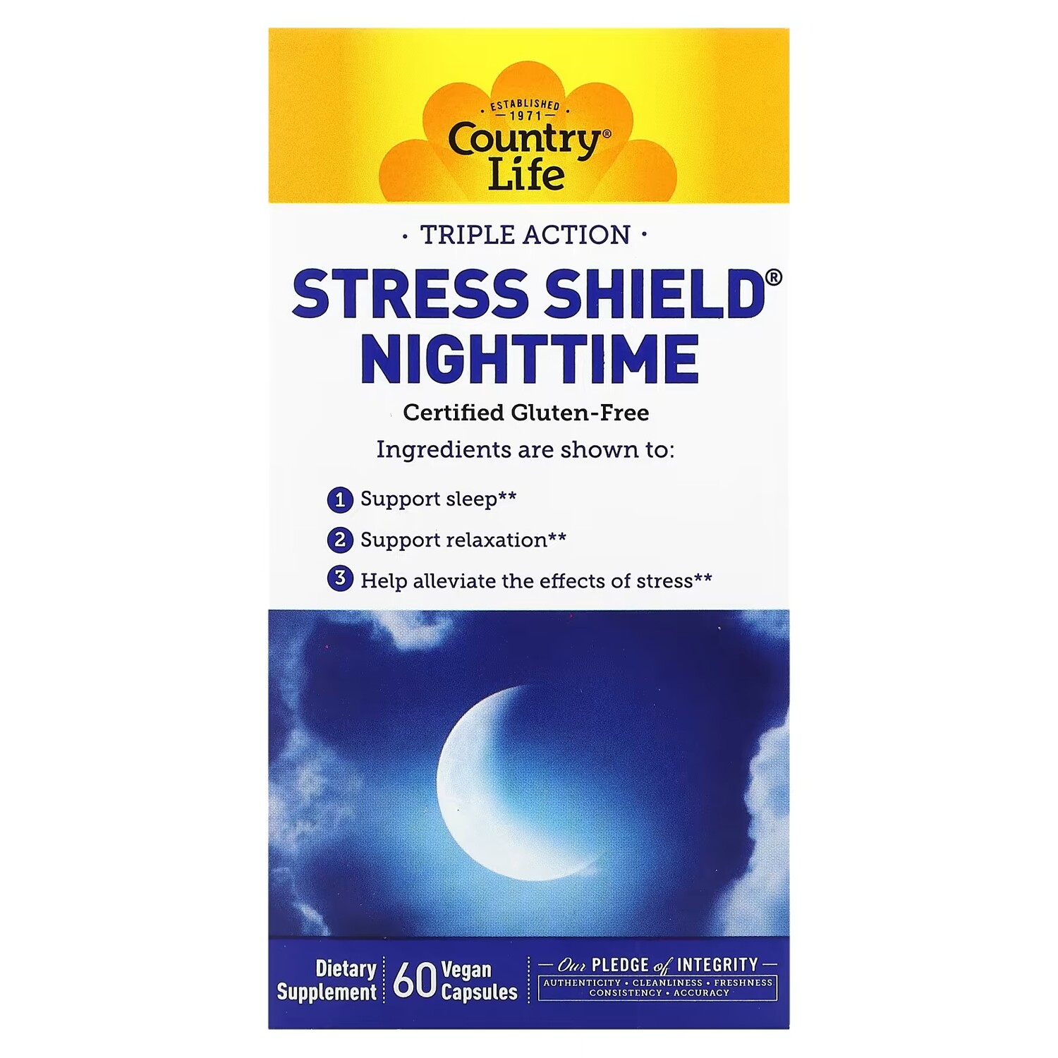 

Добавка Country Life Stress Shield Nighttime тройного действия, 60 веганских капсул