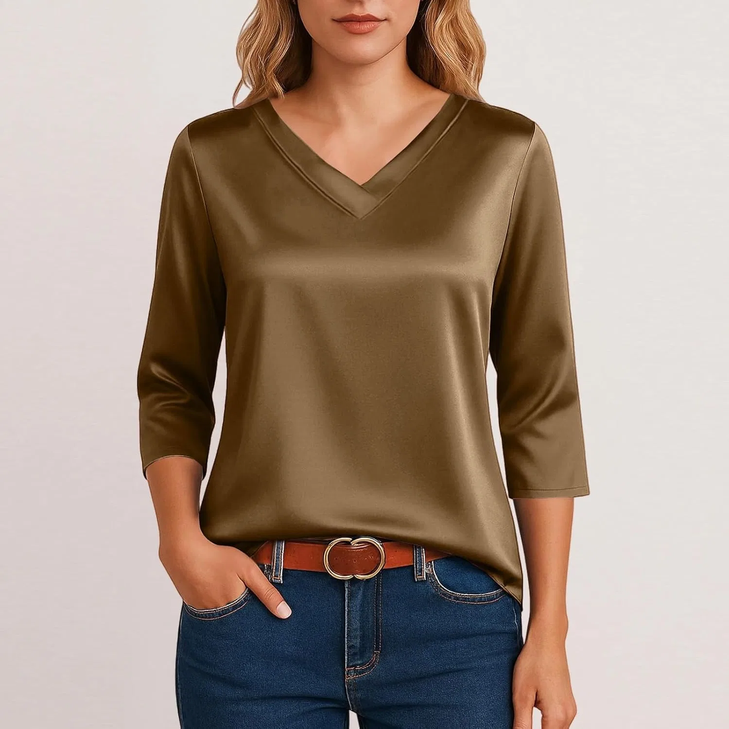Блуза сатиновая V-образным вырезом, женская, Casual, кофейный — фото 4