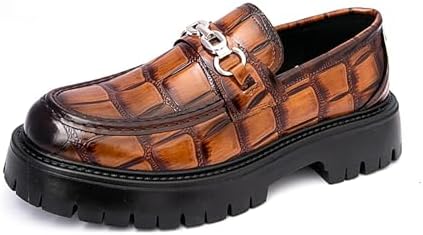 

Мужские кожаные слипоны с принтом на платформе, лоферы с круглым носком и металлическим декором, противоскользящей подошвой, деловые туфли, офиса и вечеринок Forevercan, желтый