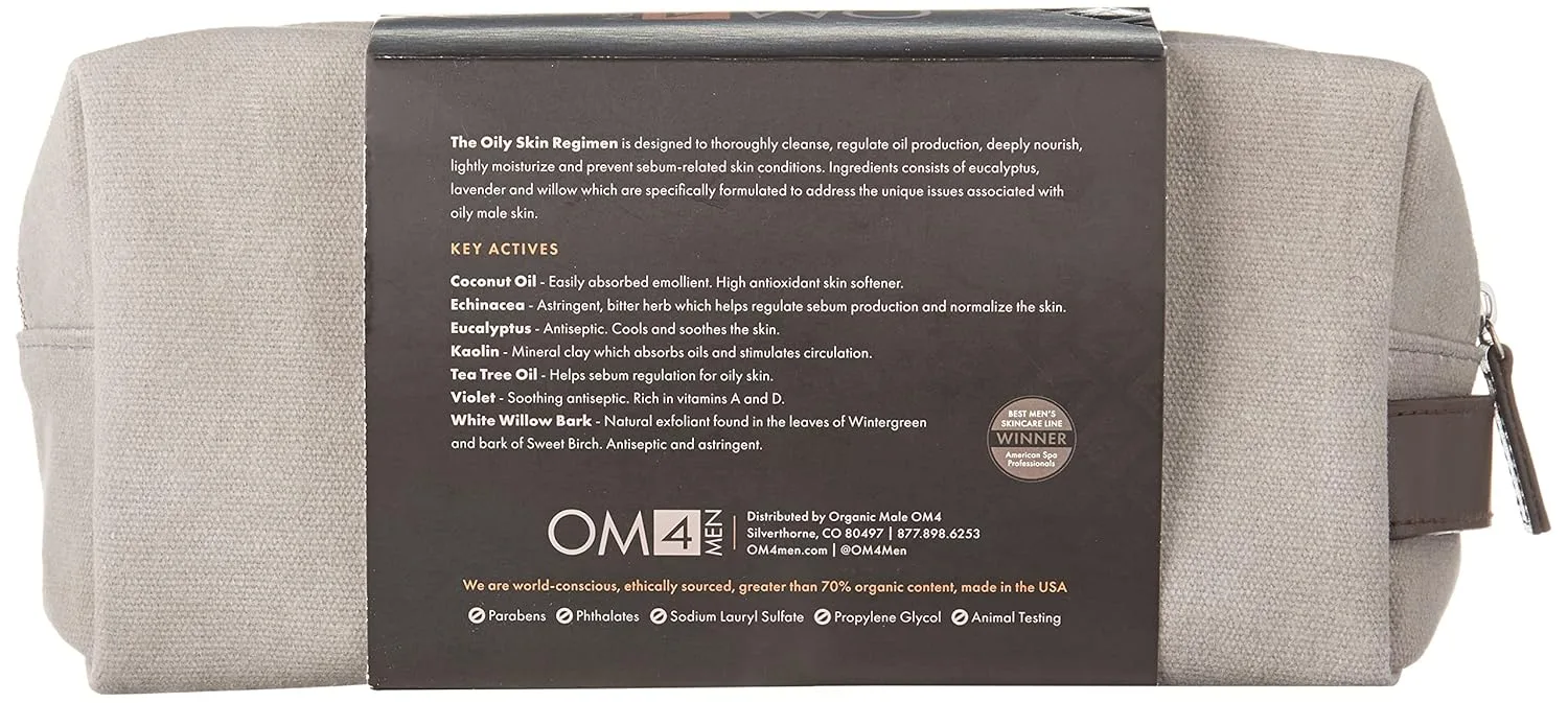 Organic Male OM4 Oily Collection 4-ступенчатый набор для ухода и дорожная сумка - 4 предмета: очищающее средство, тоник, сыворотка и увлажняющий крем для мужчин — фото 3