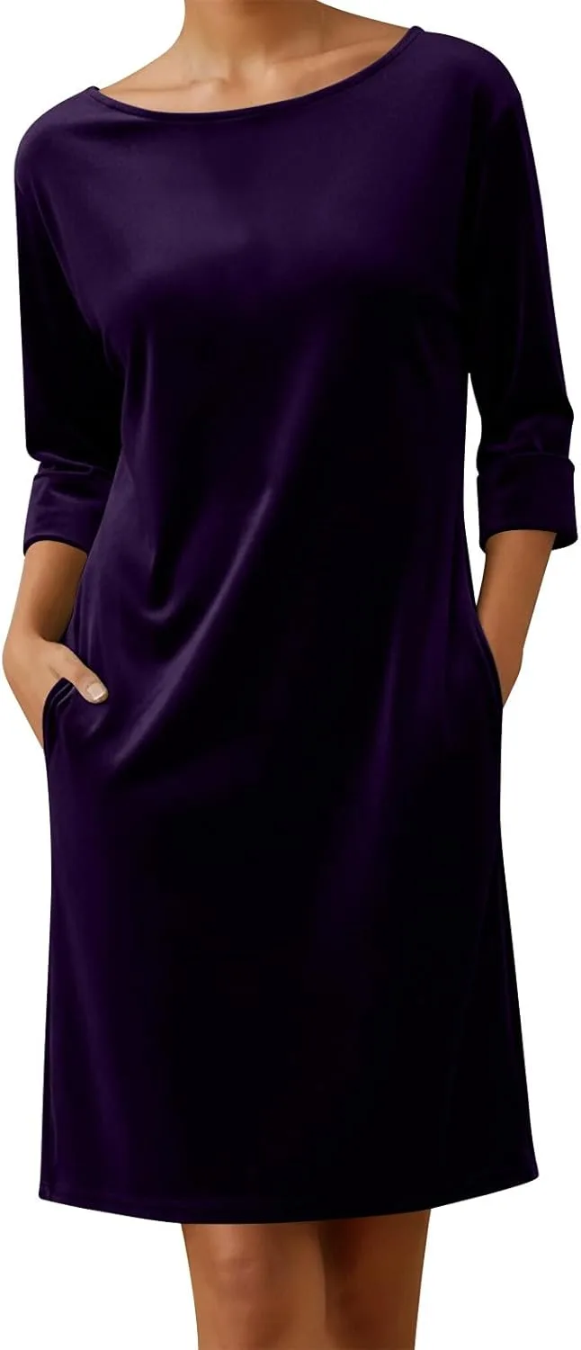 Бархатное платье с рукавами 3/4 для женщин, повседневное, с круглым вырезом, однотонное, для праздников, вечеринок, свадеб, в качестве гостевого платья, туника с карманом Generic, фиолетовый