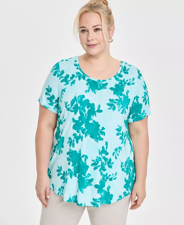 

Плюс сайз топ с круглым вырезом и короткими рукавами JM Collection, синий