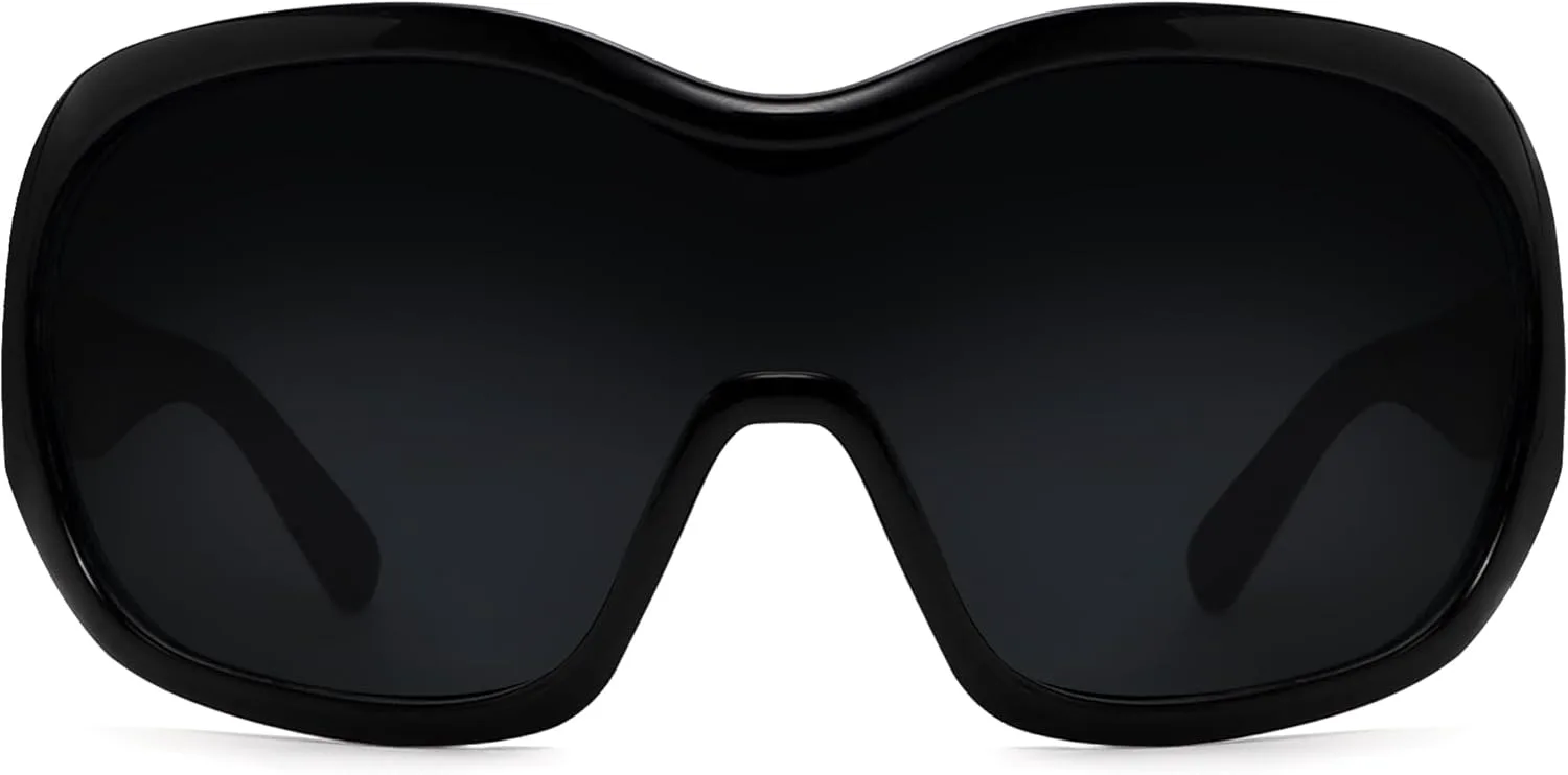 

Большие модные солнцезащитные очки-обтекатели для женщин и мужчин - стильные очки для концертов в стиле 2000-х, ретро, ​​круглые, большие, в форме щита TYA, Black