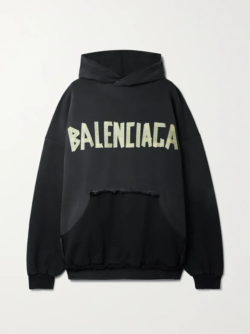 Увеличенное худи из хлопкового джерси с эффектом потертости и принтом BALENCIAGA, черный