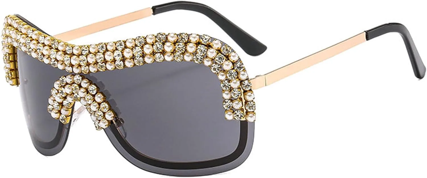 

Willochra Роскошные большие солнцезащитные очки Y2k для женщин, без оправы, винтажные серебристые солнцезащитные очки с крупными стразами, 2pcs-black&pink