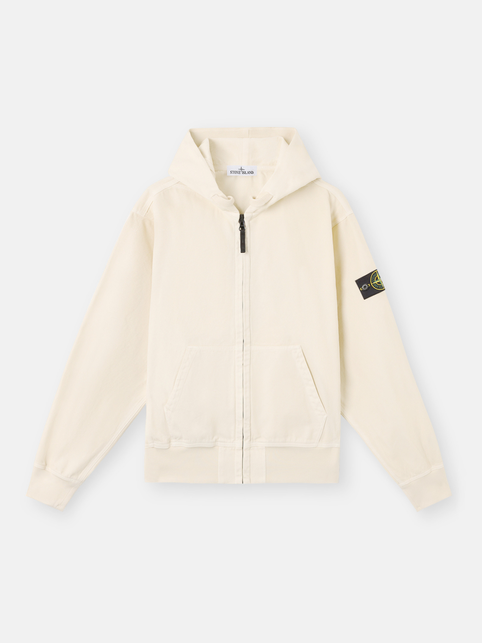 

Толстовка свободного кроя с капюшоном на молнии и ребристыми вставками Stone Island 6100017 ORGANIC PANAMA COTTON 'OLD' EFFECT, слоновая кость