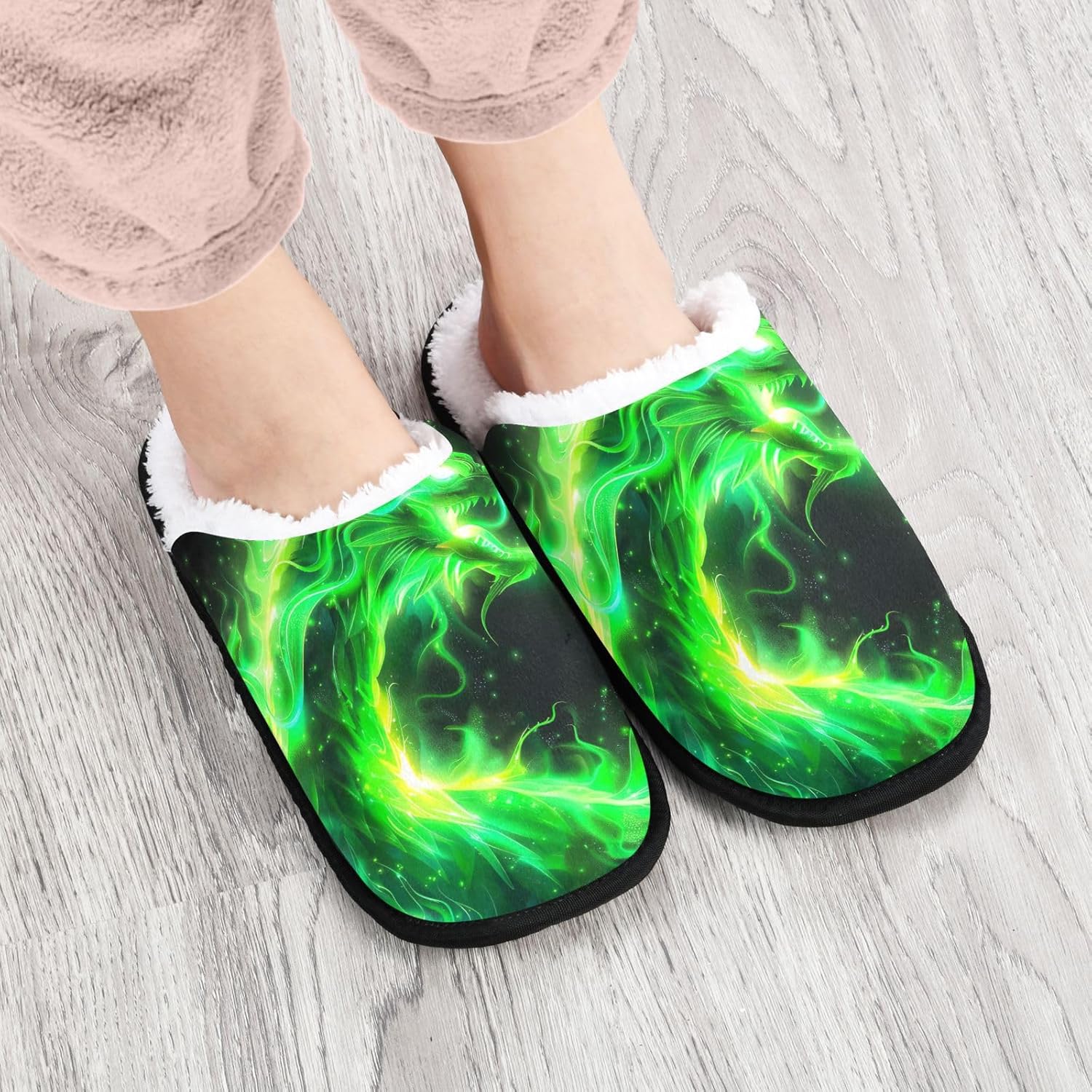 Домашние тапочки UMIRIKO Green Flame Dragon Loong для женщин и мужчин, моющиеся, с нескользящей подошвой, с сумкой для хранения, для путешествий и спа 20856152, зеленый — фото 2