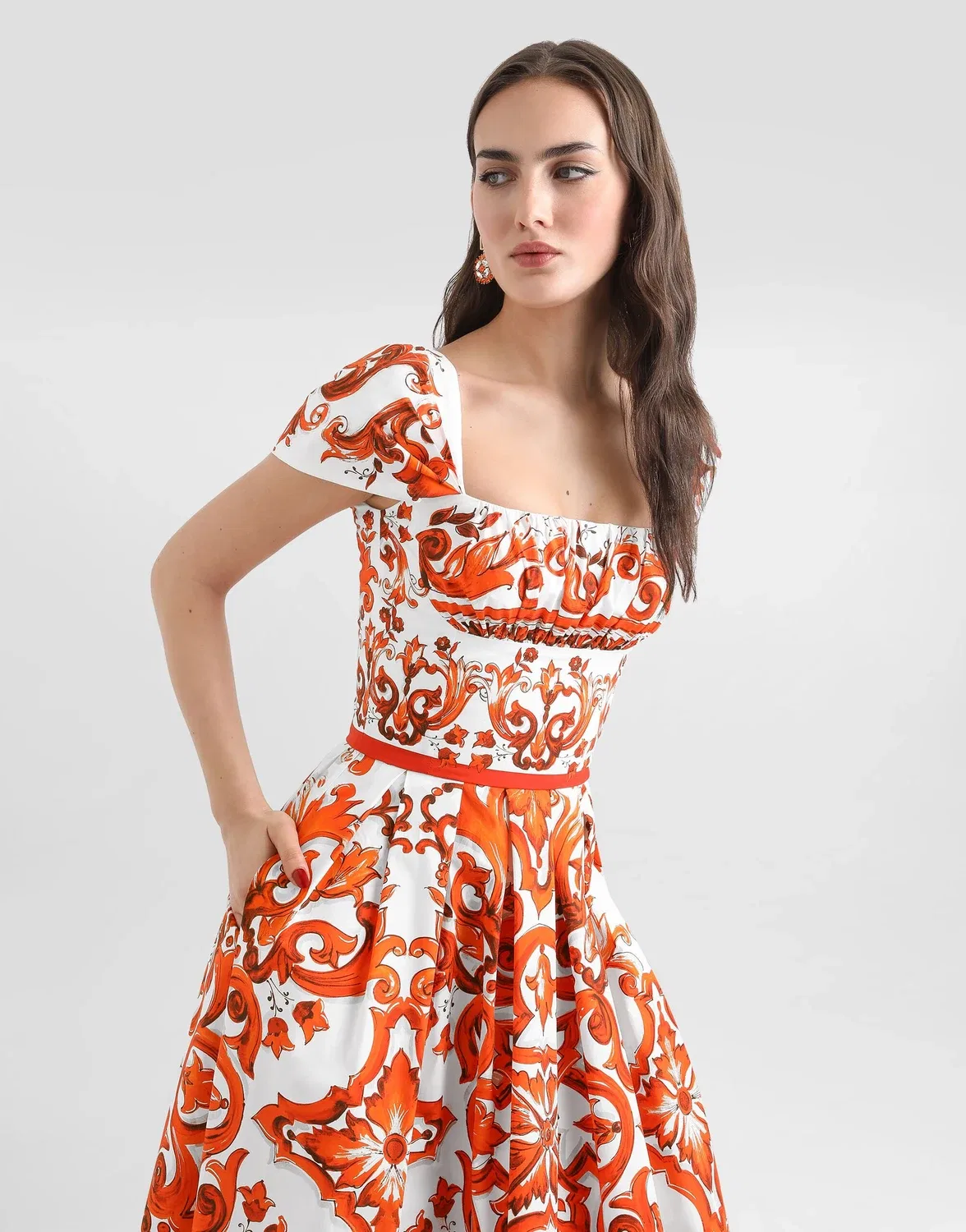 Платье из поплина с принтом "Майолика" DOLCE & GABBANA, бежевый — фото 4