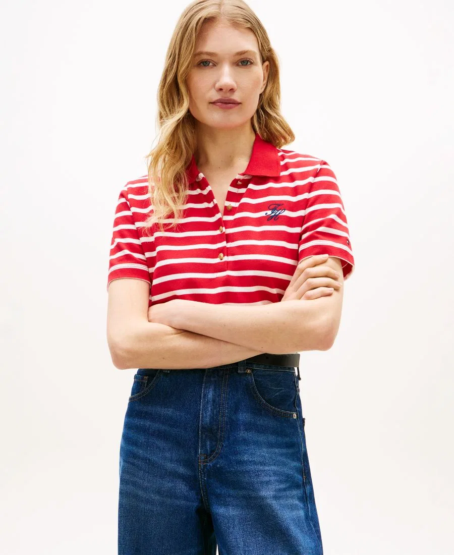 Женская футболка-поло с логотипом Script Tommy Hilfiger, Primary Red / Ecru Stripe