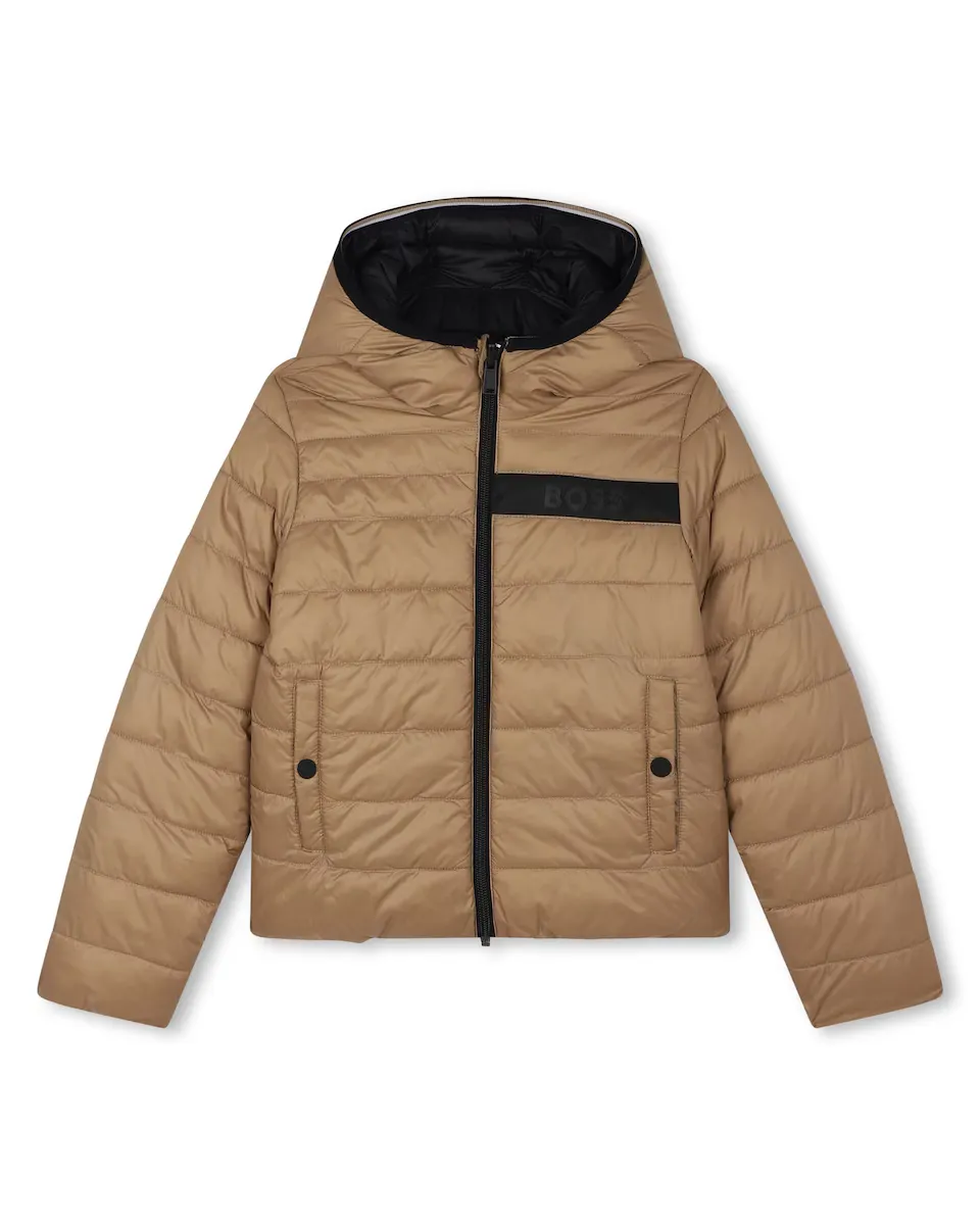 

Двусторонний пуховик для мальчика с капюшоном BOSS Kidswear, светло-коричневый