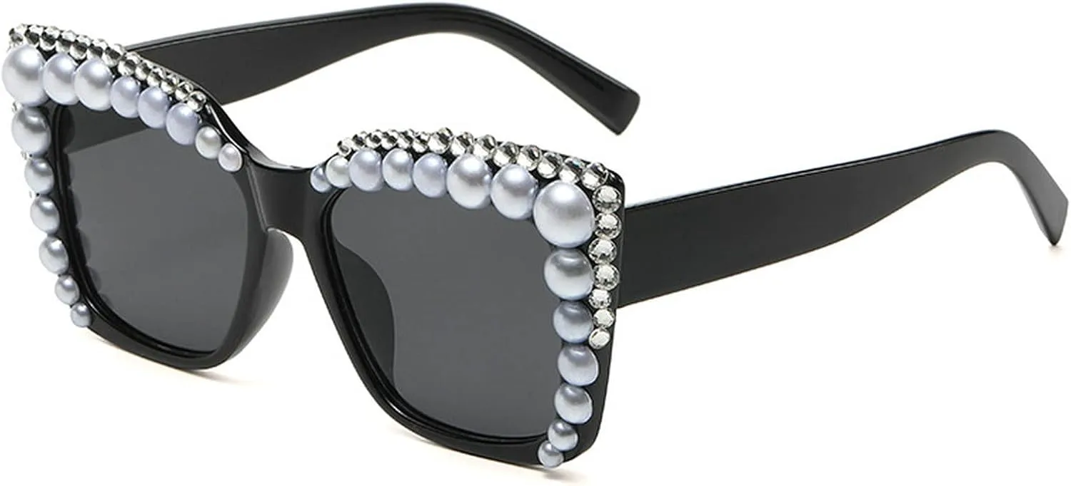 

Большие солнцезащитные очки с кристаллами и стразами для женщин в стиле ретро, ​​блестящие жемчужные очки «кошачий глаз» с защитой от УФ-излучения mincl, Black