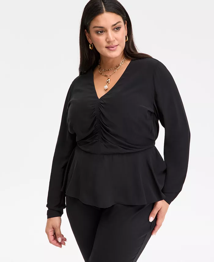 

Топ с длинными рукавами и баской больших размеров I.N.C. International Concepts, черный