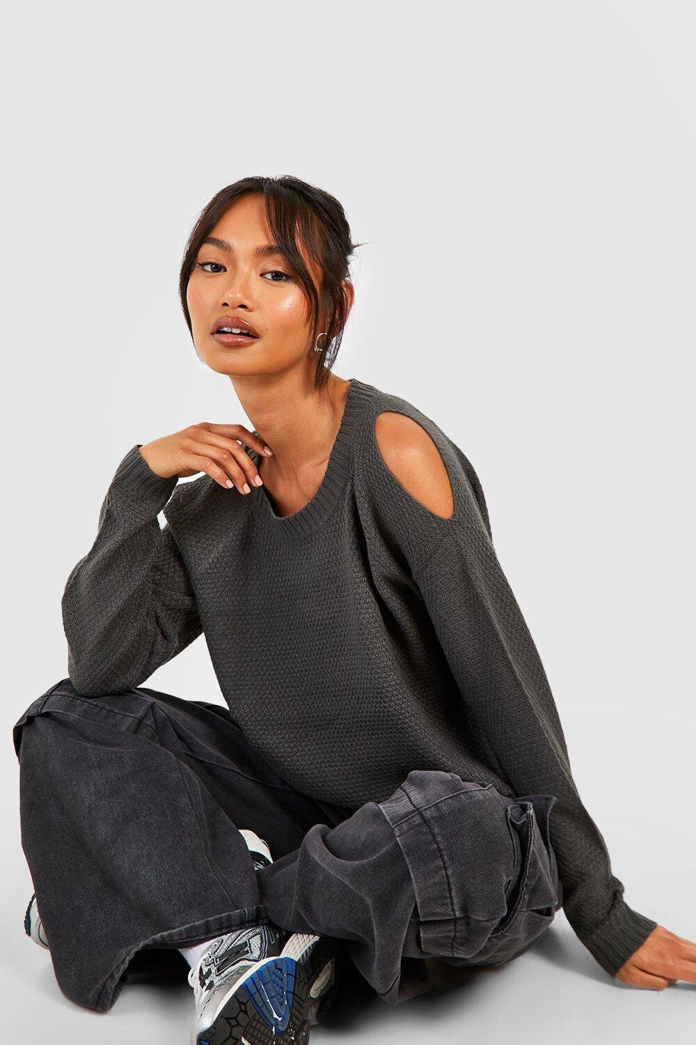 

Свитер с холодными плечами и строчкой мха Boohoo, угольный