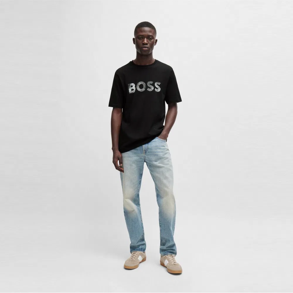 Мужская чёрная футболка с коротким рукавом с принтом смешанного логотипа от Boss — фото 2