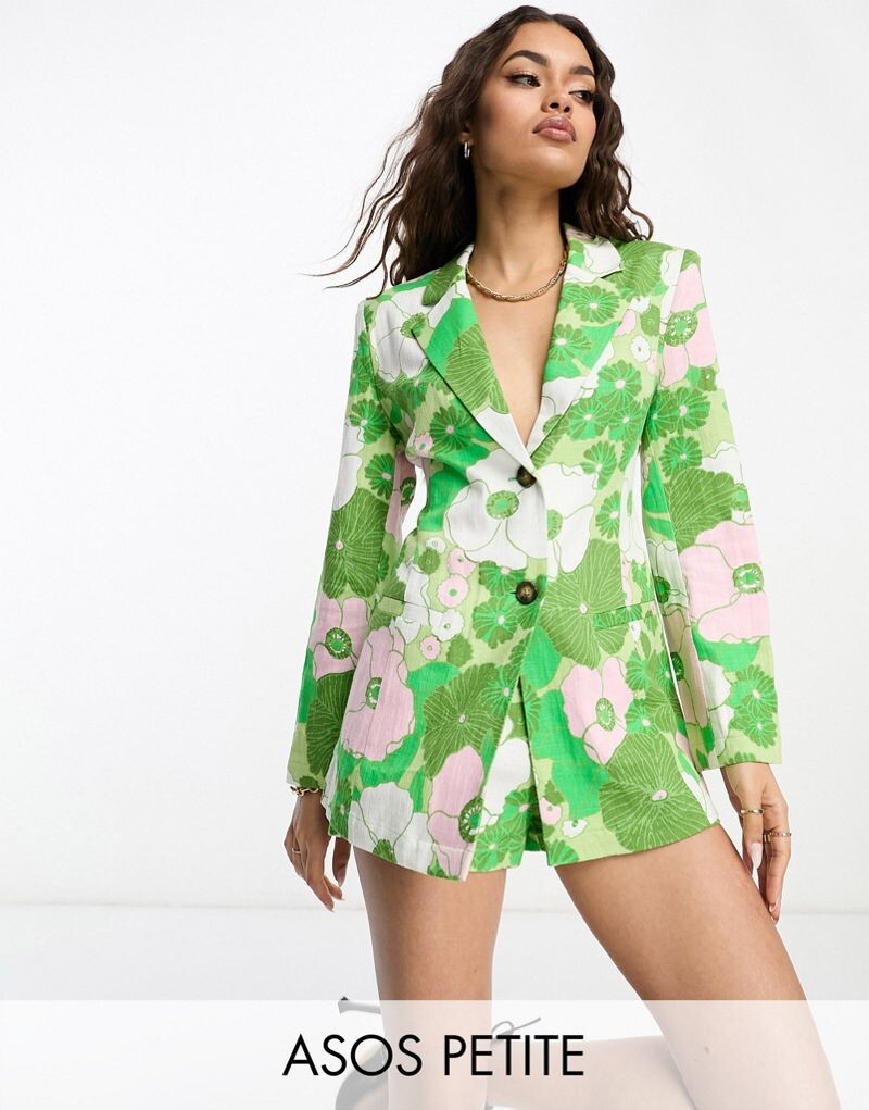 

Узкий костюмный блейзер из смесового льна с завязкой на спине ASOS DESIGN Petite в стиле ретро с цветочным принтом